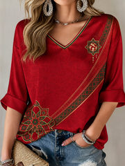 Women's MOROCCO Printed Mid-length Sleeves V-Neck T-Shirt
