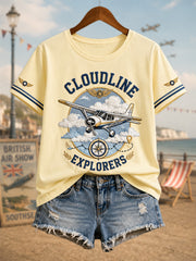 Women's Vintage Coastal Aviation Print Casual Tee