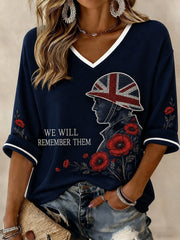 Women's WE WILL REMEMBER THEM Printed Mid-length Sleeves V-neck T-shirt