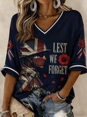 Women's Lest We Forget Printed Mid-length Sleeves V-neck T-shirt