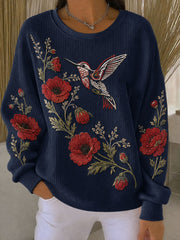 Women's Poppy Hummingbird & Lest We Forget Ribbed Round-Neck Sweatshirt