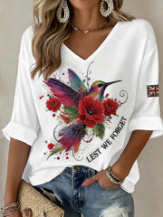 Women's Poppy Hummingbird & Lest We Forget Mid-length Sleeves V-Neck T-Shirt