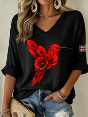 Women's Poppy Hummingbird Mid-length Sleeves V-Neck T-Shirt