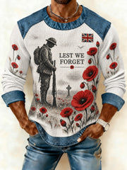 Men's Lest We Forget Printed Denim Patchwork Waffle Sweatshirt