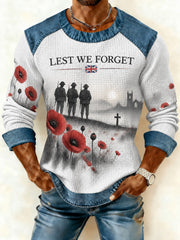 Men's Lest We Forget Printed Denim Patchwork Waffle Sweatshirt