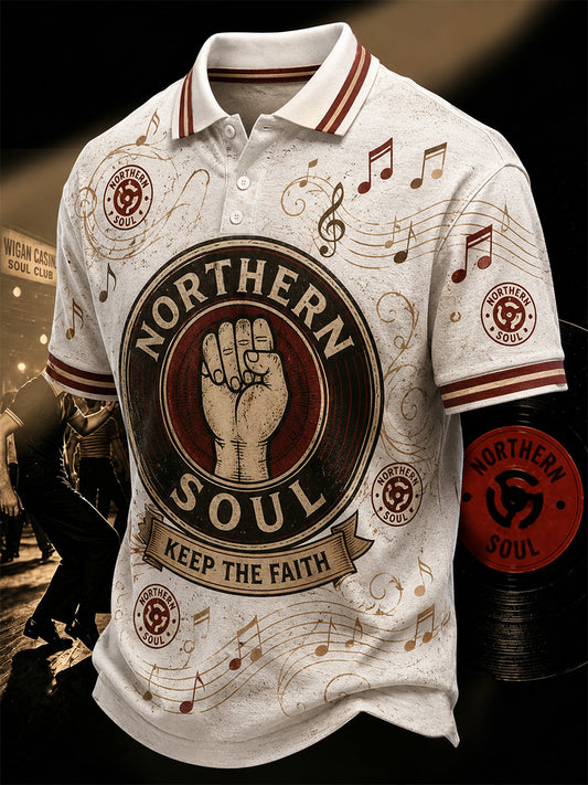 Men's Retro Northern Soul Keep The Faith Print Casual Polo