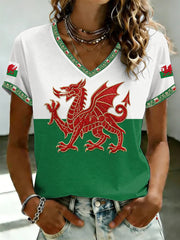 Women's Welsh Dragon Printed V-neck T-shirt