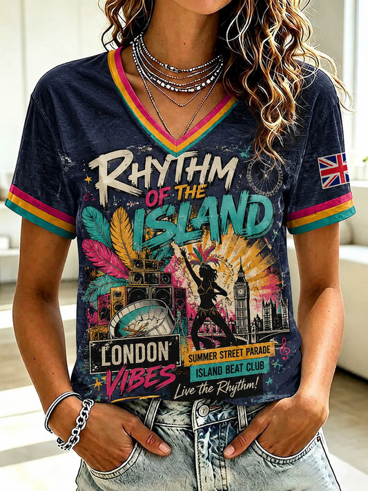 Women's Caribbean London Festival Notting Hill Carnival Printed V-neck T-shirt