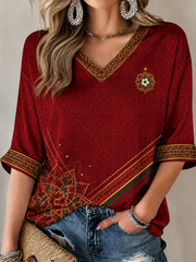 Women's MOROCCO Printed Mid-length Sleeves V-Neck T-Shirt