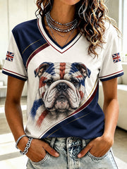 Women's British Bulldog Printed V-neck T-shirt