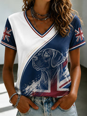 Women's British Style Printed V-neck T-shirt