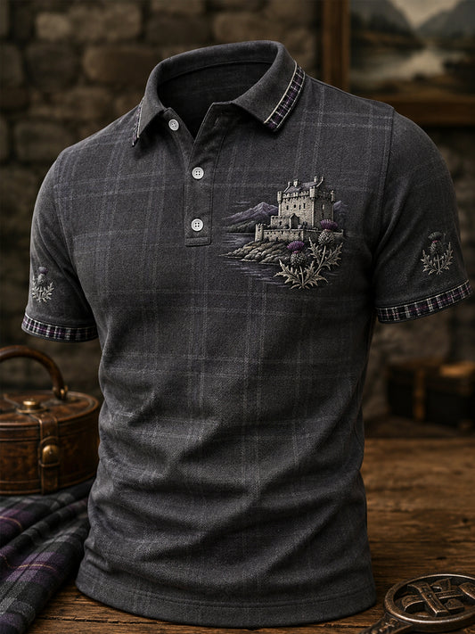 Men’s Scottish Castle Thistle Plaid Polo Shirt