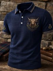 Men’s Highland Cow Celtic Plaid Trim Polo Shirt