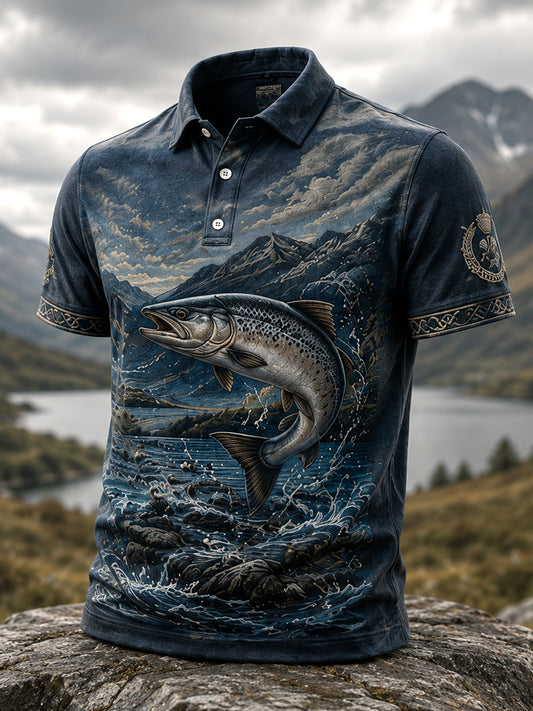 Men’s Scottish Salmon River Print Polo Shirt