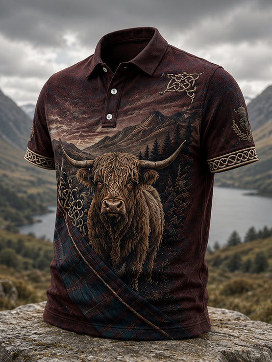 Men’s Highland Cow Tartan Graphic Polo Shirt