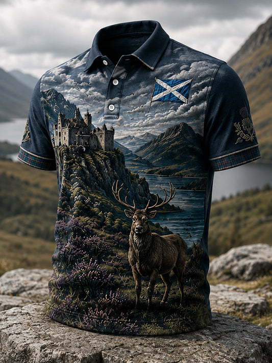 Men’s Scottish Castle Tartan Print Polo Shirt
