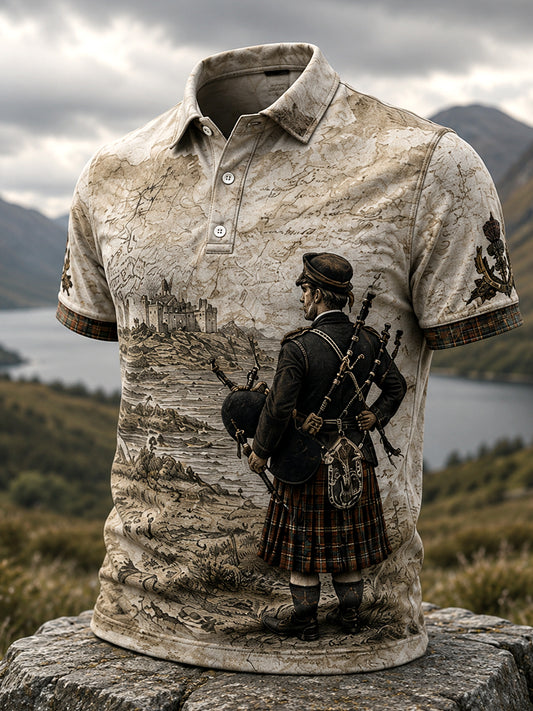 Men’s Scottish Bagpipe Heritage Print Polo Shirt