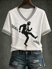 Women's Ska Revival Style Printed V-neck T-shirt