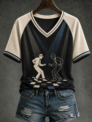 Women's Ska Revival Style Printed V-neck T-shirt
