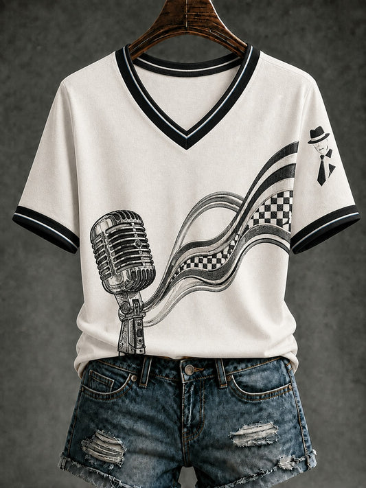 Women's Ska Revival Style Printed V-neck T-shirt