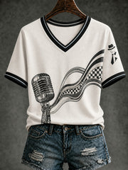 Women's Ska Revival Style Printed V-neck T-shirt