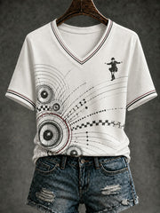Women's Ska Revival Style Printed V-neck T-shirt