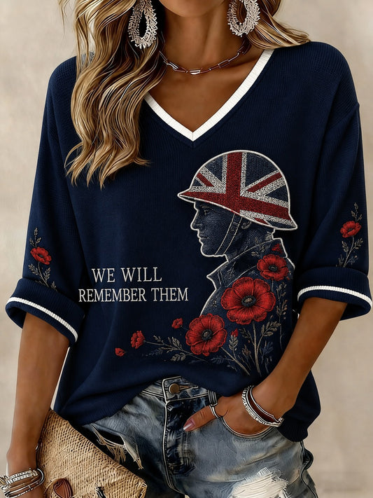 Women's WE WILL REMEMBER THEM Printed Mid-length Sleeves V-neck T-shirt