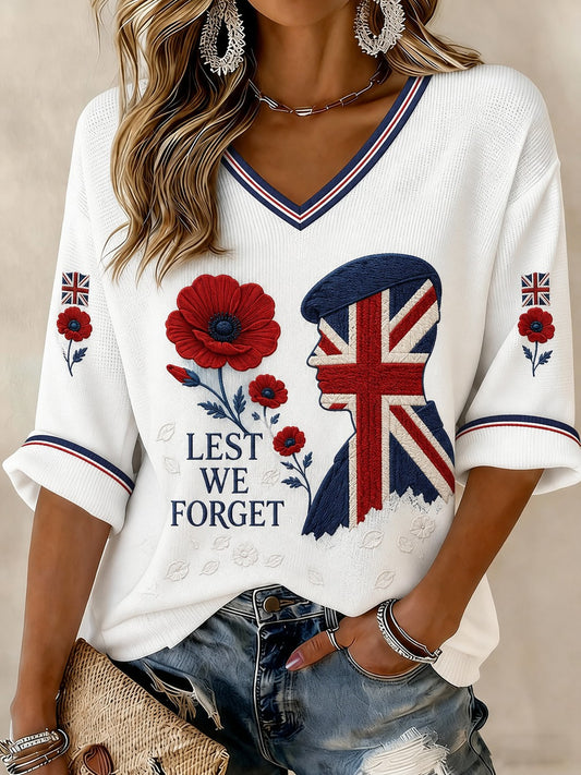 Women's Lest We Forget Printed Mid-length Sleeves V-neck T-shirt