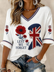 Women's Lest We Forget Printed Mid-length Sleeves V-neck T-shirt