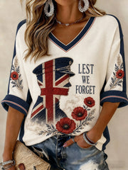 Women's Lest We Forget Printed Mid-length Sleeves V-neck T-shirt