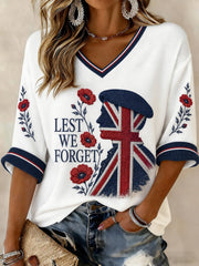 Women's Lest We Forget Printed Mid-length Sleeves V-neck T-shirt