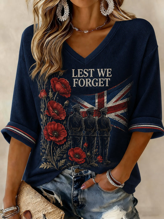 Women's Lest We Forget Printed Mid-length Sleeves V-neck T-shirt