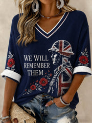 Women's WE WILL REMEMBER THEM Printed Mid-length Sleeves V-neck T-shirt