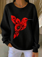 Women's Poppy Hummingbird Print Ribbed Round-Neck Sweatshirt