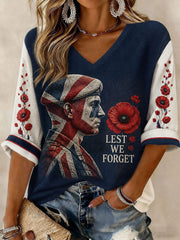 Women's Lest We Forget Printed Mid-length Sleeves V-neck T-shirt