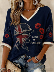 Women's Lest We Forget Printed Mid-length Sleeves V-neck T-shirt