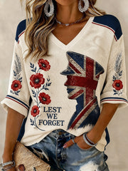 Women's Lest We Forget Printed Mid-length Sleeves V-neck T-shirt