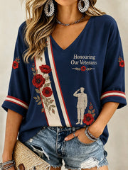 Women's British Veterans Memorial Print Casual V-Neck Tee