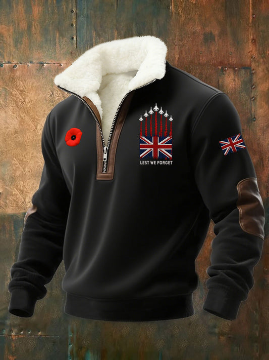 Men's Lest We Forget Print Plush Stand Collar Shirt