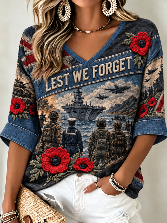 Women's Remembrance Day Lest We Forget Mid-length Sleeves V-Neck T-Shirt