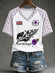 Women's Lest We Forget The Animals Too Print V-neck T-shirt