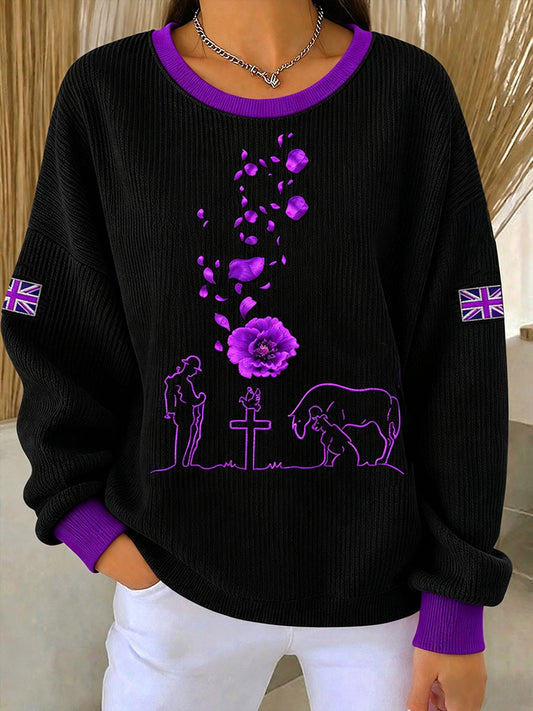 Women's Lest We Forget The Animals Too Print Ribbed Round-Neck Sweatshirt