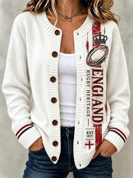 Women's England Rugby Lover Printed Cardigan-Style Knit Jacket