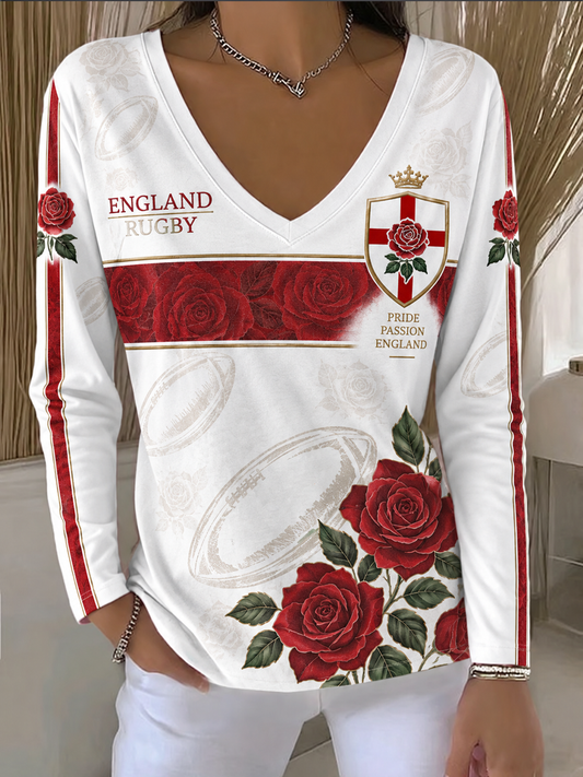 Women's England Rugby Lover Printed V-Neck T-Shirt