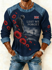 Men's Lest We Forget Printed Denim Patchwork Waffle Sweatshirt
