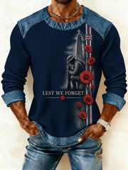Men's Lest We Forget Printed Denim Patchwork Waffle Sweatshirt