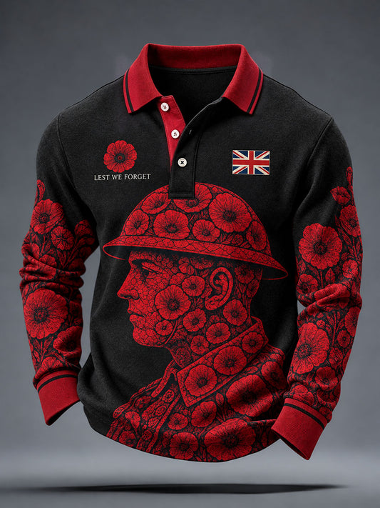 Men's Lest We Forget Print Long Sleeve Polo