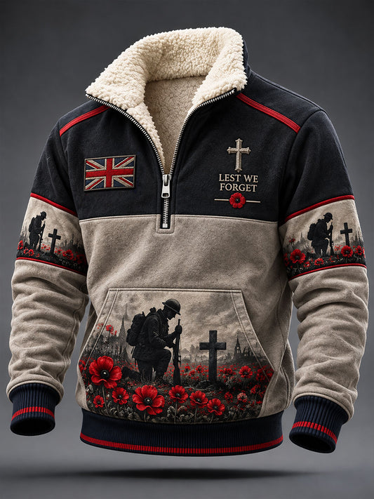 Men's Lest We Forget Print Plush Stand Collar Shirt