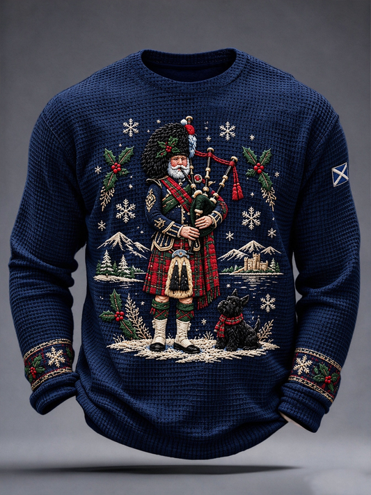 Men's Scottish Christmas Printed Waffle Long Sleeve T-Shirt