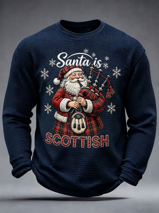 Men's Scottish Christmas Printed Waffle Long Sleeve T-Shirt